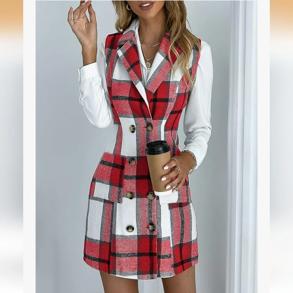 Women Sleeveless Plaid Double Breasted Shacket Vest.